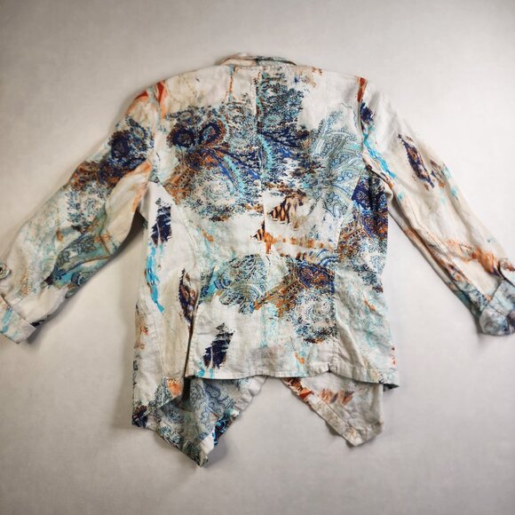 Chicos Women’s Cardigan Size 0 XS White Multi Abstract Open Front Chiffon Dolman - Picture 7 of 13